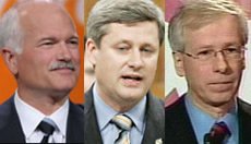 Jack Layton (left), Stephen Harper, and St�phan Dion (right)