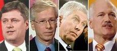 Conservative Party Leader Stephen Harper, Liberal Leader St�phane Dion, NDP Leader Jack Layton, and Bloc Qu�b�cois Leader Gilles Duceppe (From left to right).