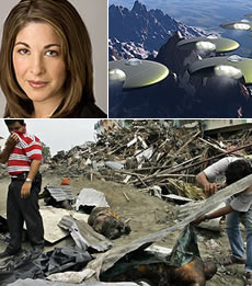 Montreal-born Naomi Klein (left), depiction of UFOs (right), and tsunami devastation in Indonesia (bottom)