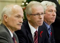 Jack Layton, NDP leader (left); St�phane Dion, Liberal leader; Gilles Duceppe, Bloc Quebecois (right)