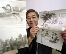 Sun Shili shows off his drawings